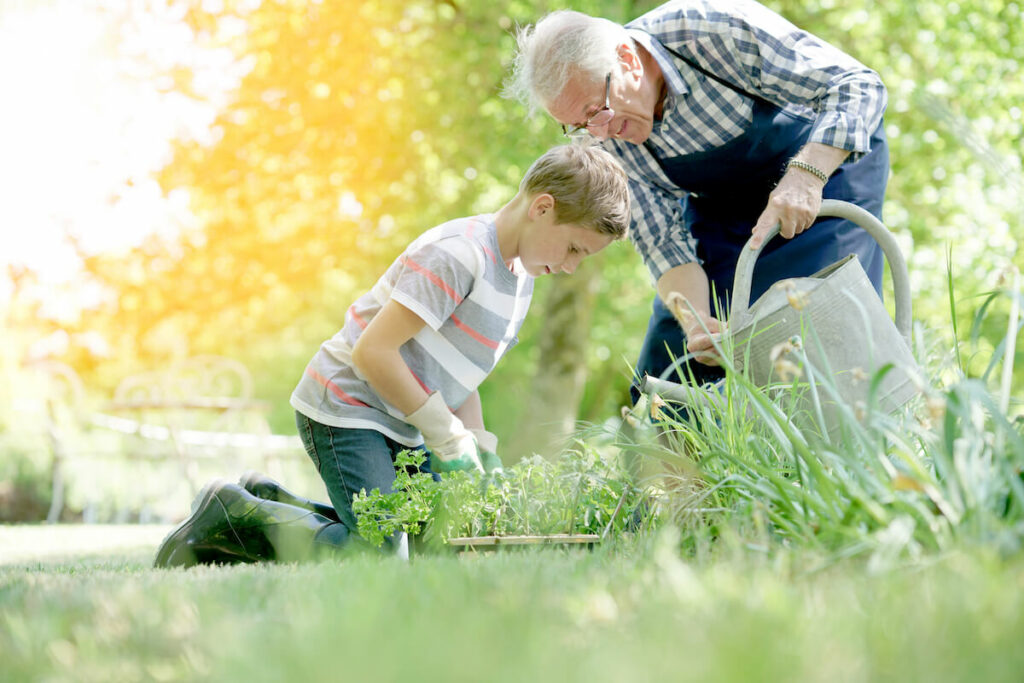 Proveer at Northgate | Senior man gardening with grandson